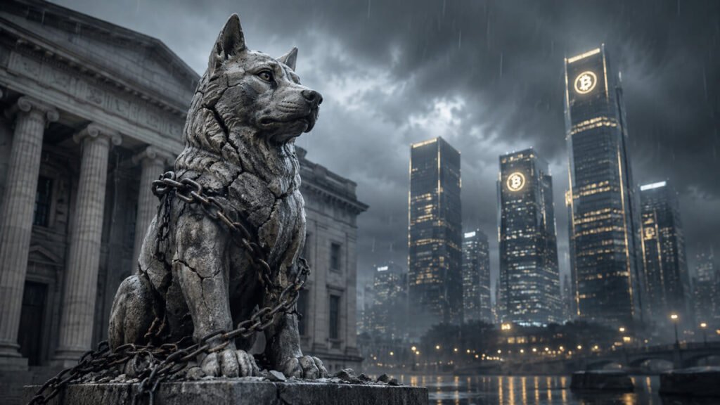 Chained wolf statue outside a regulatory building with Bitcoin-branded skyline reflecting debate over expanded CFTC crypto oversight and industry scrutiny of regulators