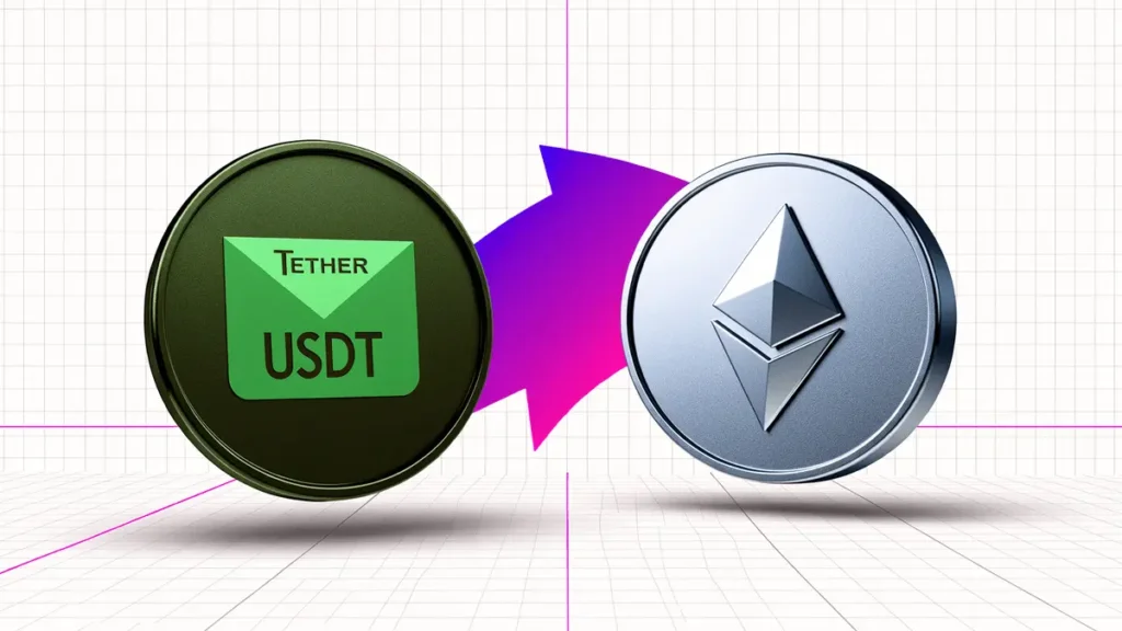 Tether USDT Briefly Overtakes Ethereum in Market Cap: A $187B Wake-Up Call Tether USDT and Ethereum coins illustrating market cap flip with gradient wave between them